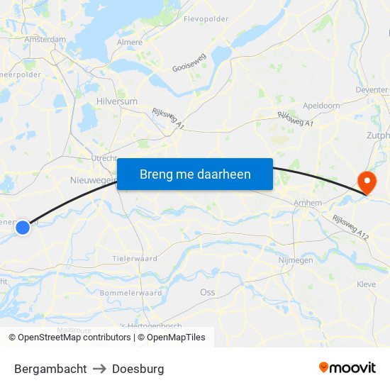 Bergambacht to Doesburg map