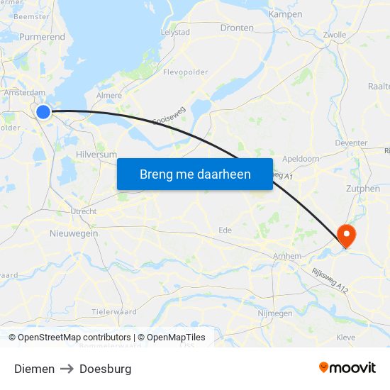 Diemen to Doesburg map