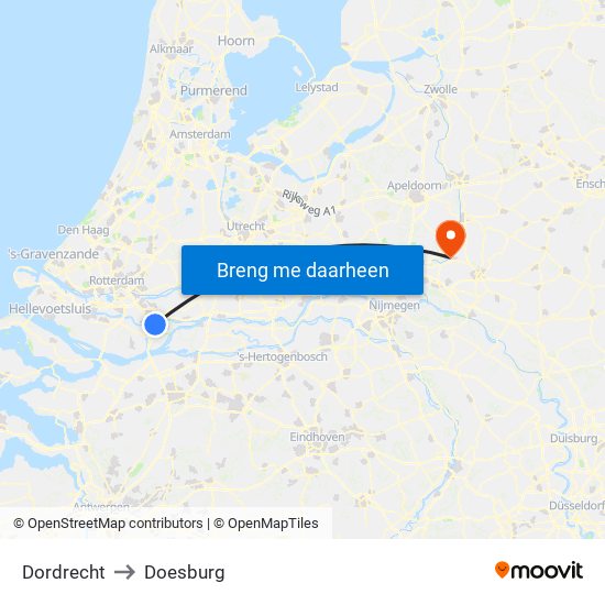 Dordrecht to Doesburg map