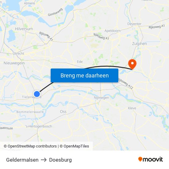 Geldermalsen to Doesburg map