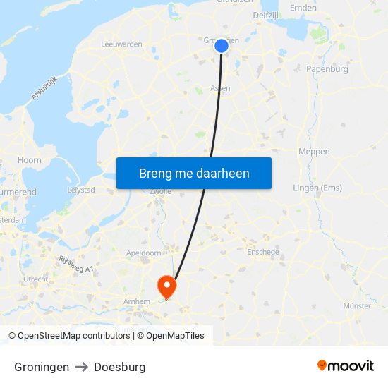 Groningen to Doesburg map