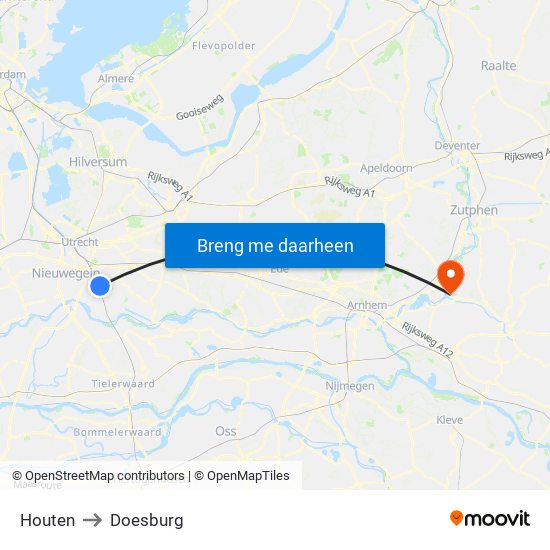 Houten to Doesburg map