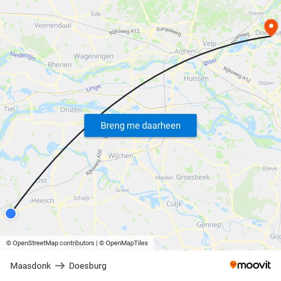 Maasdonk to Doesburg map