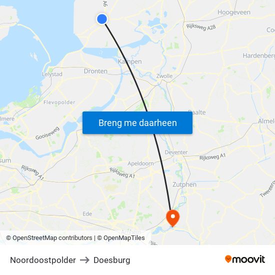 Noordoostpolder to Doesburg map
