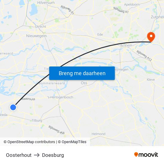 Oosterhout to Doesburg map