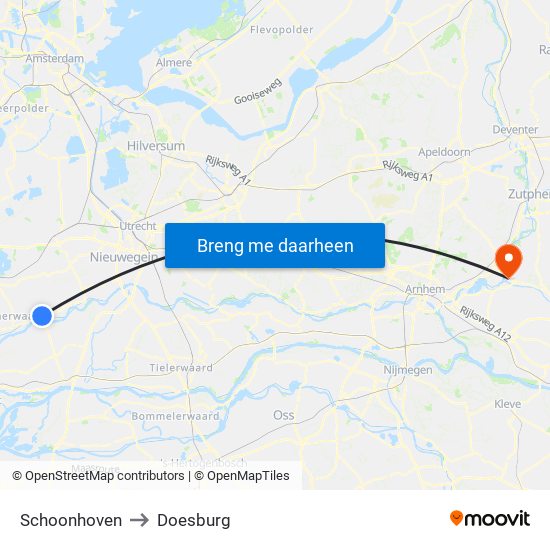 Schoonhoven to Doesburg map