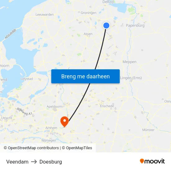 Veendam to Doesburg map