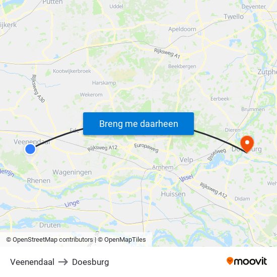 Veenendaal to Doesburg map