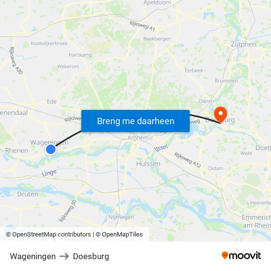 Wageningen to Doesburg map