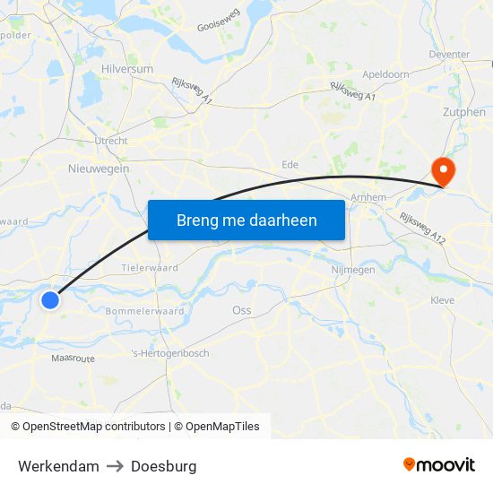 Werkendam to Doesburg map