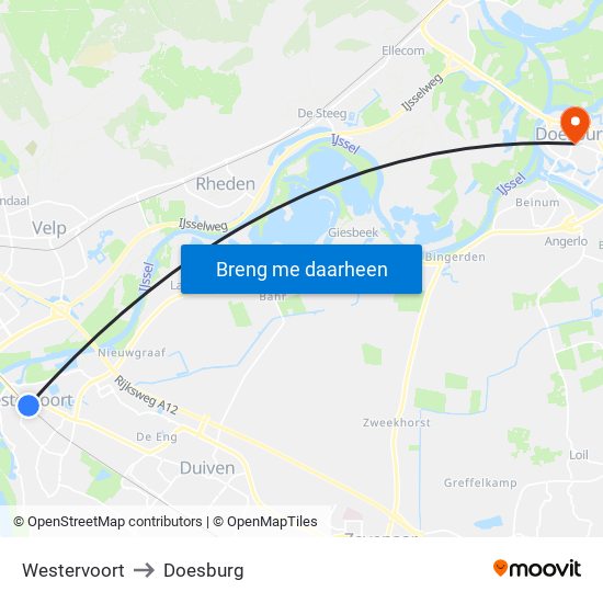 Westervoort to Doesburg map