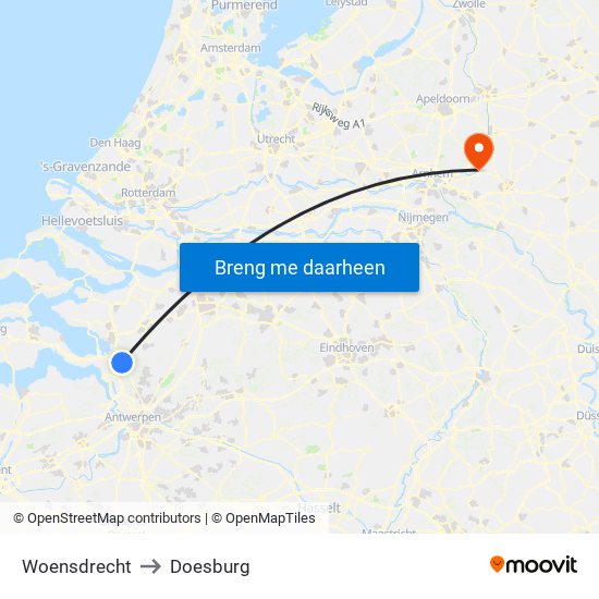 Woensdrecht to Doesburg map