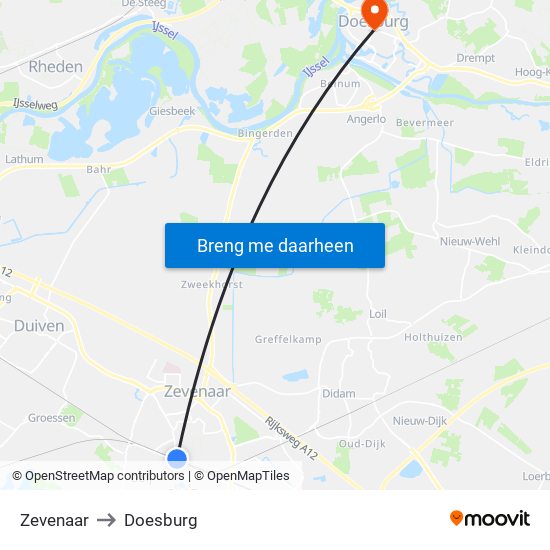 Zevenaar to Doesburg map