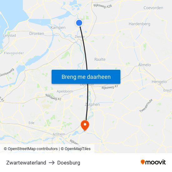 Zwartewaterland to Doesburg map