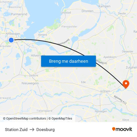 Station Zuid to Doesburg map