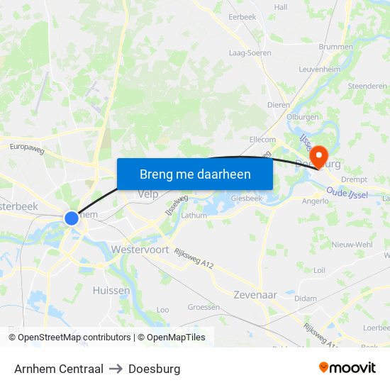 Arnhem Centraal to Doesburg map