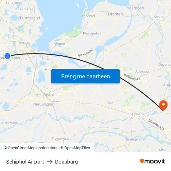 Schiphol Airport to Doesburg map