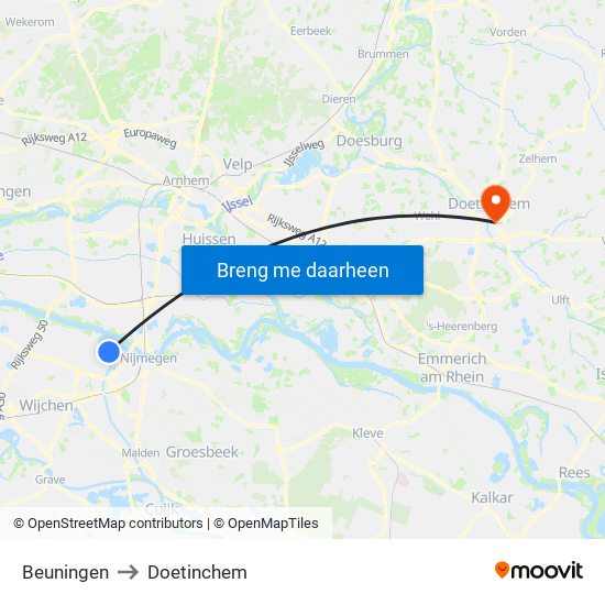 Beuningen to Doetinchem map