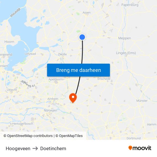 Hoogeveen to Doetinchem map