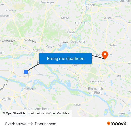 Overbetuwe to Doetinchem map