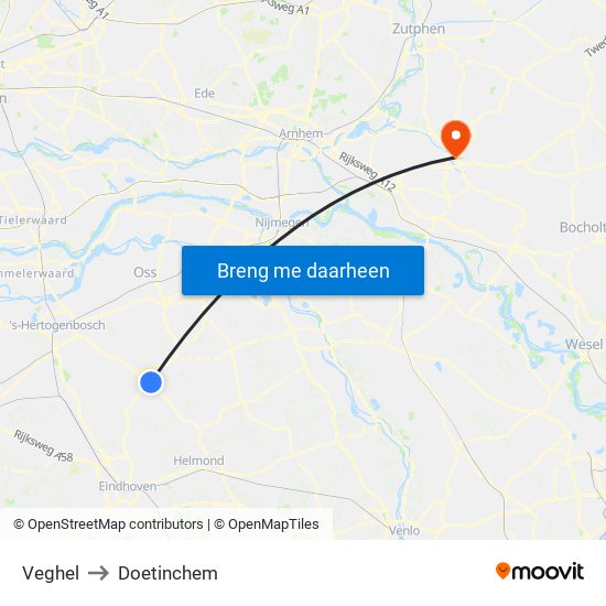 Veghel to Doetinchem map