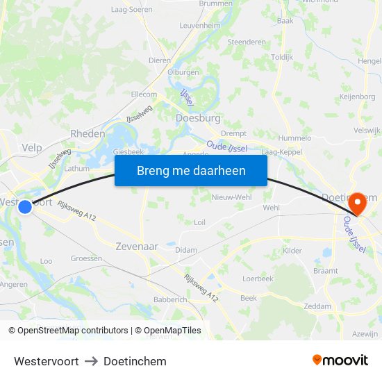 Westervoort to Doetinchem map