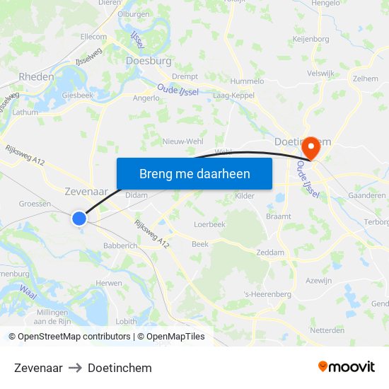 Zevenaar to Doetinchem map
