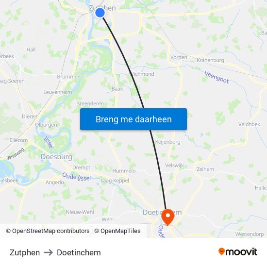 Zutphen to Doetinchem map