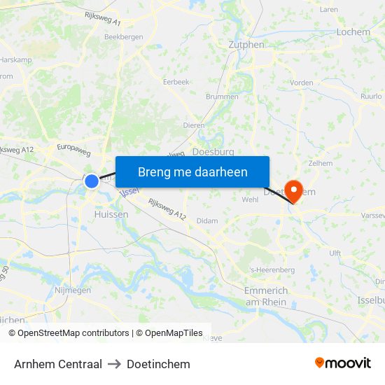 Arnhem Centraal to Doetinchem map