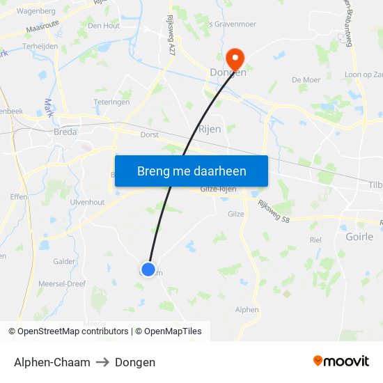 Alphen-Chaam to Dongen map