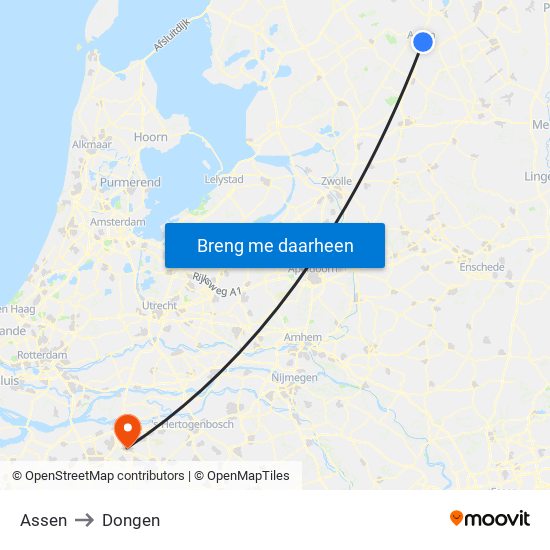 Assen to Dongen map