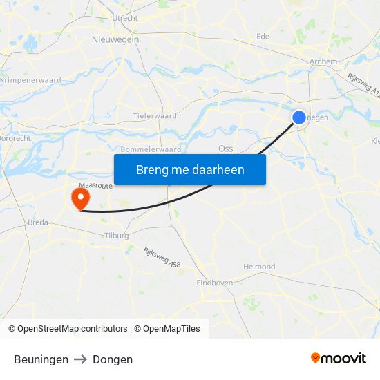 Beuningen to Dongen map