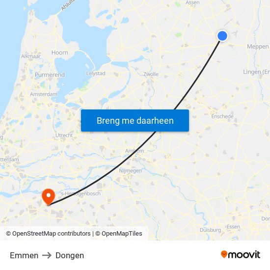 Emmen to Dongen map