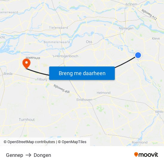 Gennep to Dongen map