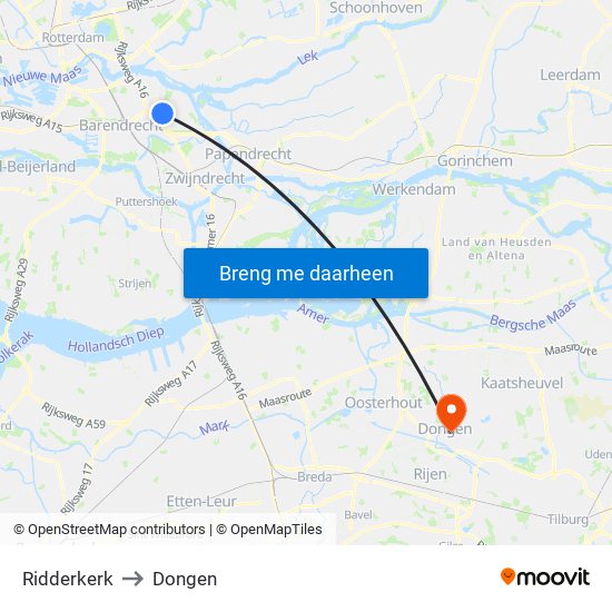 Ridderkerk to Dongen map