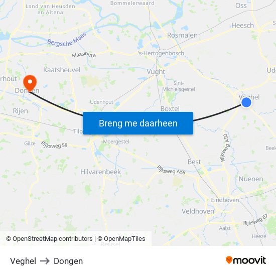 Veghel to Dongen map