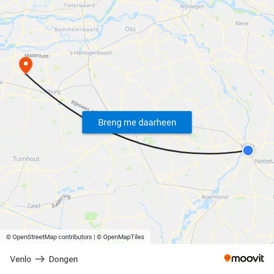 Venlo to Dongen map