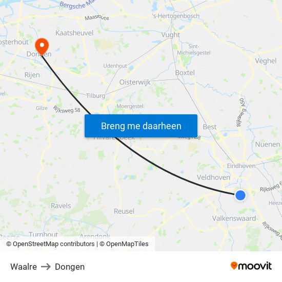 Waalre to Dongen map