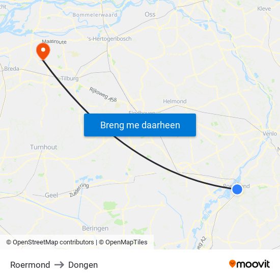 Roermond to Dongen map