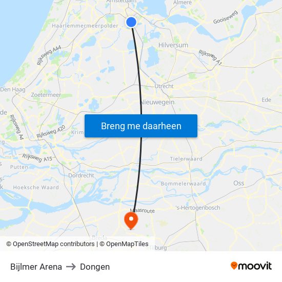 Bijlmer Arena to Dongen map