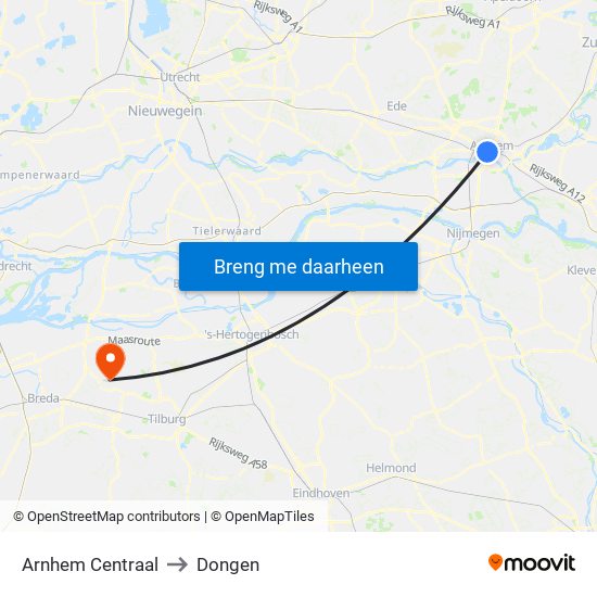 Arnhem Centraal to Dongen map