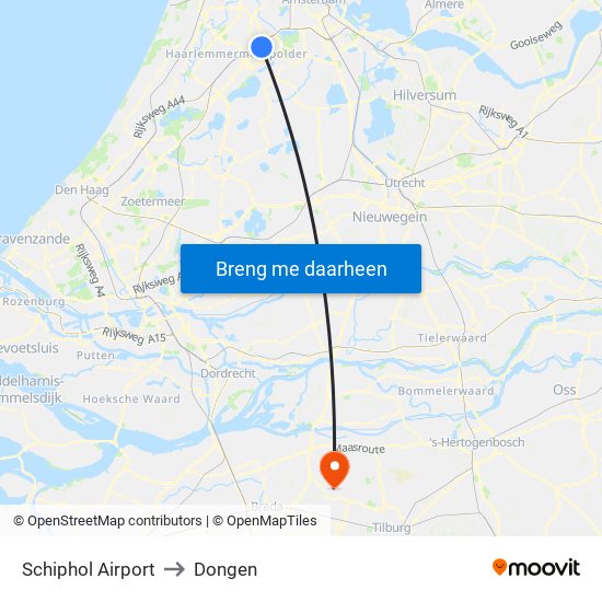 Schiphol Airport to Dongen map