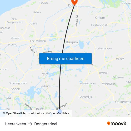 Heerenveen to Dongeradeel map