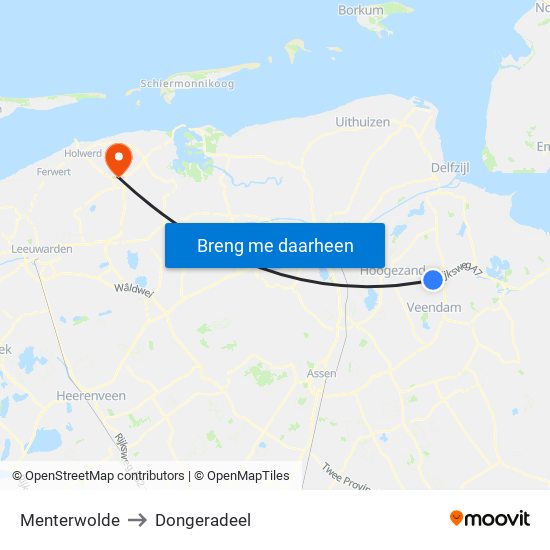 Menterwolde to Dongeradeel map