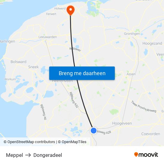 Meppel to Dongeradeel map