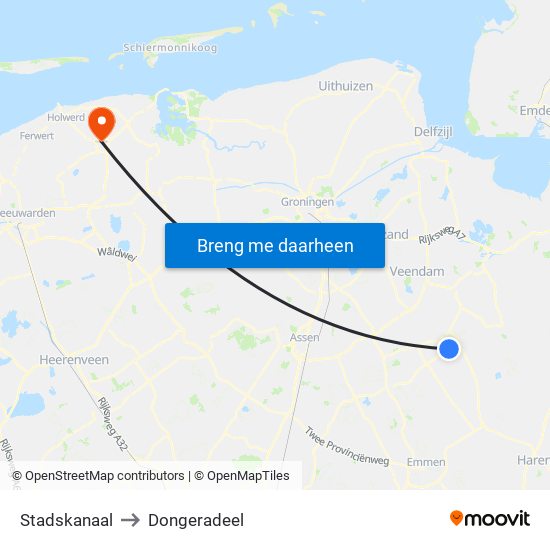 Stadskanaal to Dongeradeel map