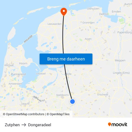 Zutphen to Dongeradeel map