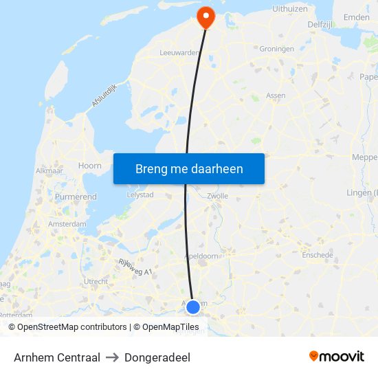 Arnhem Centraal to Dongeradeel map