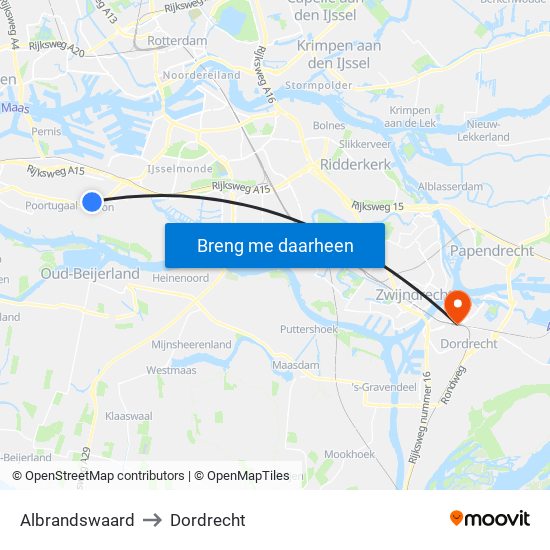 Albrandswaard to Dordrecht map