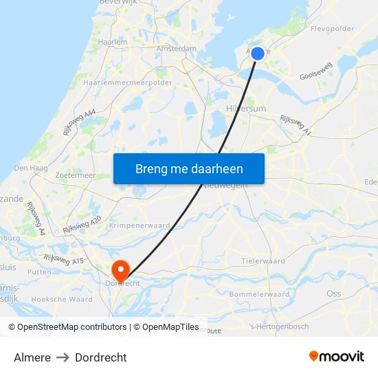 Almere to Dordrecht map